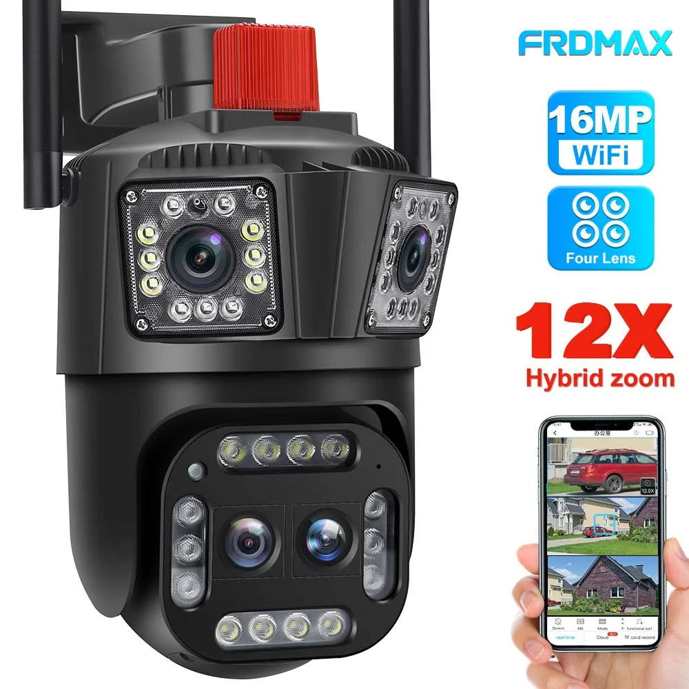 16MP 8K WiFi Camera 12X Zoom Four Lens Outdoor PTZ Camera Security Protection Ai Tracking 4K IP Camera CCTV Surveillance Cameras