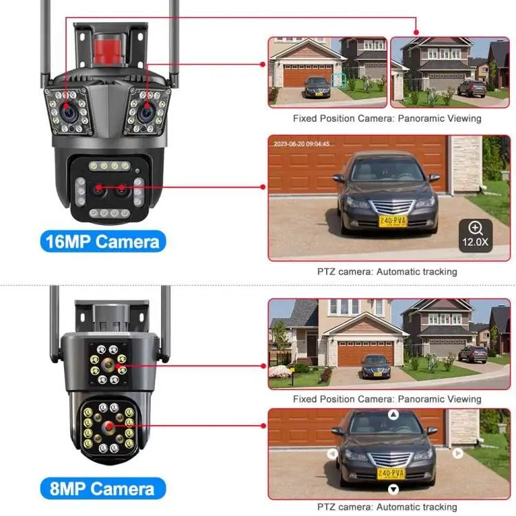 16MP 8K WiFi Camera 12X Zoom Four Lens Outdoor PTZ Camera Security Protection Ai Tracking 4K IP Camera CCTV Surveillance Cameras