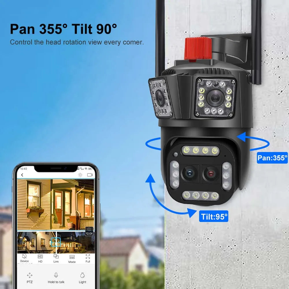 16MP 8K WiFi Camera 12X Zoom Four Lens Outdoor PTZ Camera Security Protection Ai Tracking 4K IP Camera CCTV Surveillance Cameras