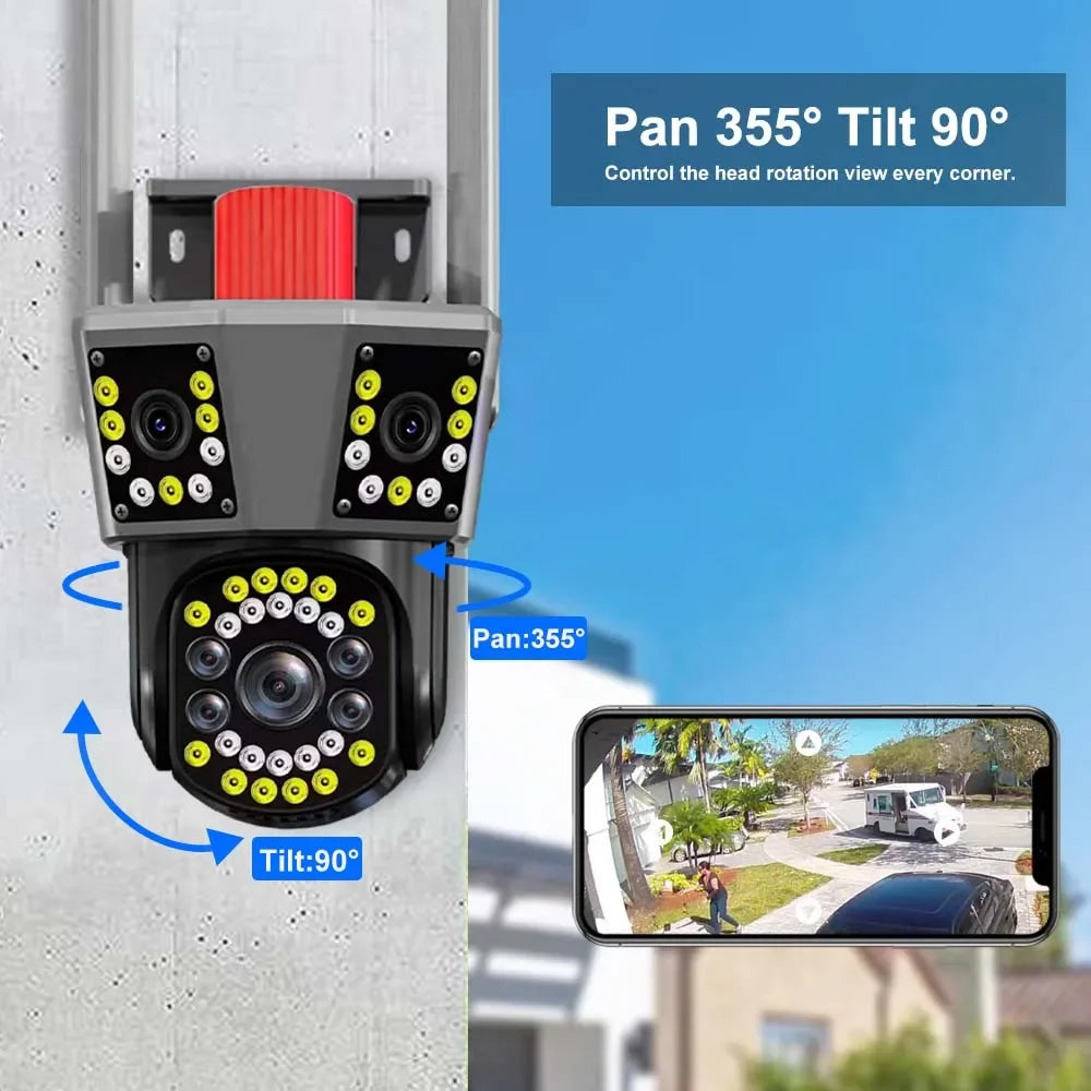 6K 12MP WiFi IP Camera Three Screen PTZ 8X Zoom Security Camera Home Protection Mini Dome Surveillance Camera