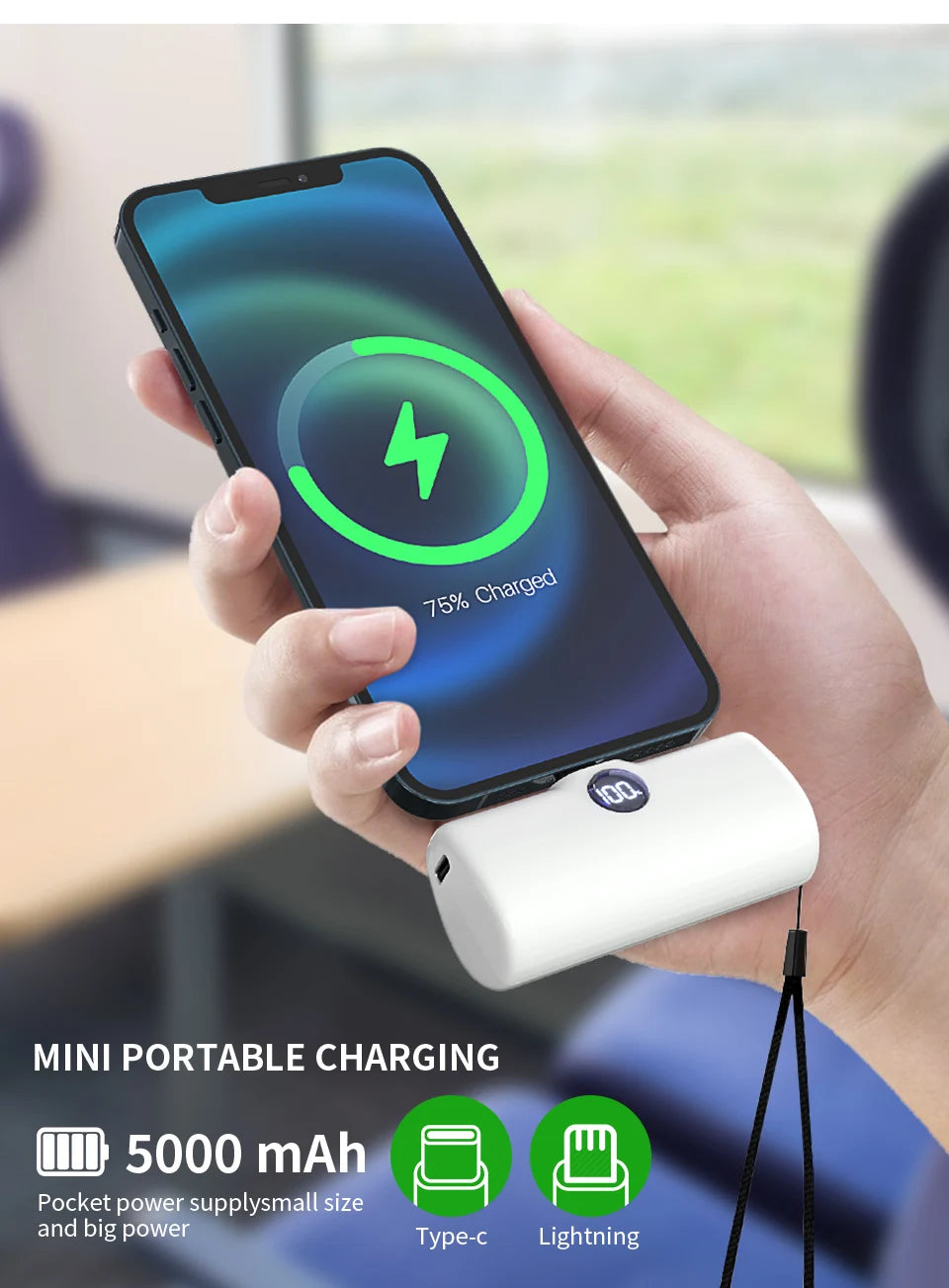 Fast Charge Portable Charger for iPhone Samsung Xiaomi Compact External Spare Battery Built-in Cable Quick Charge Power Bank