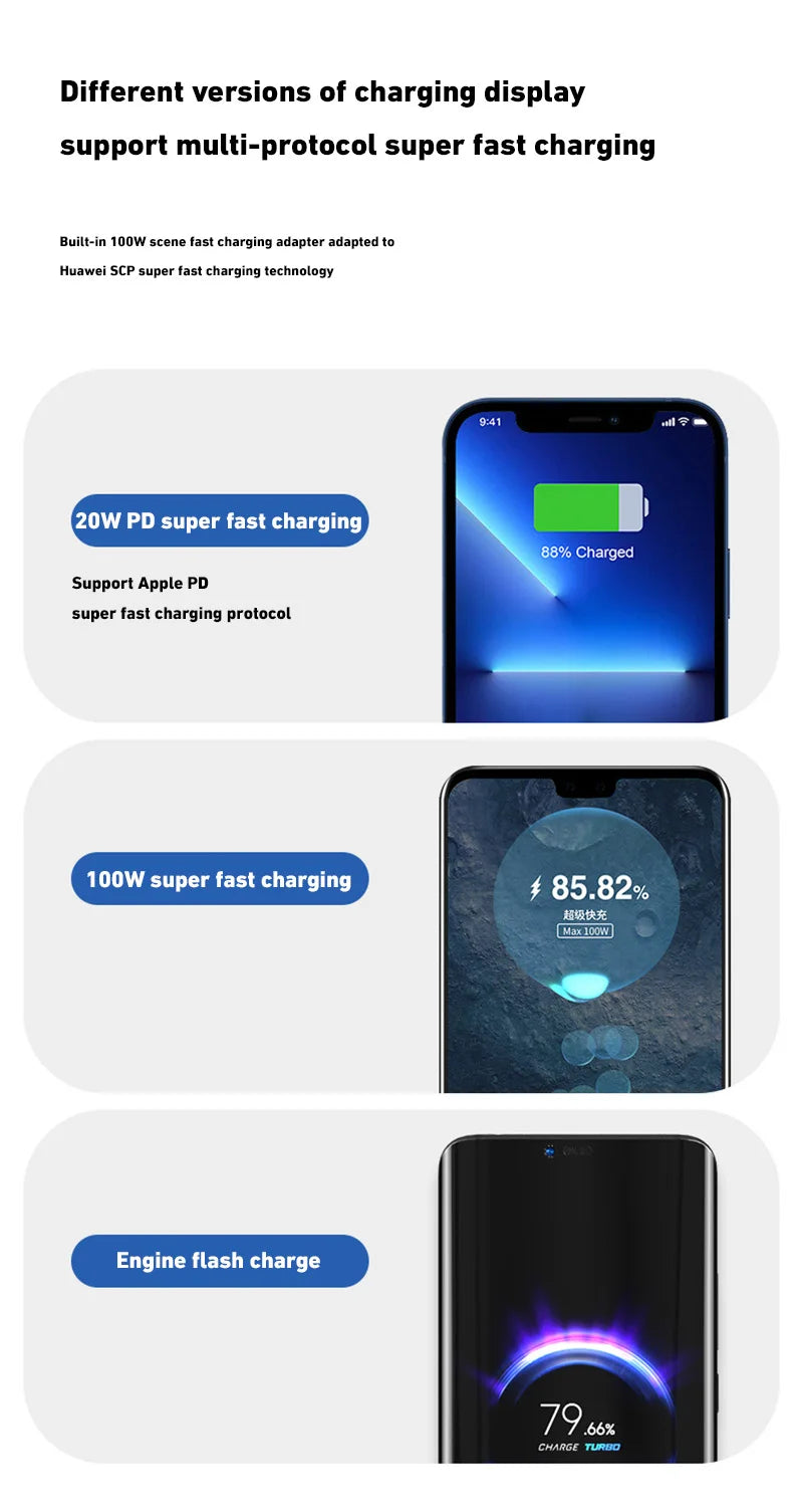 200000mAh Large-capacity Power Bank 100W Super Fast Charge Built-in Cable Portable External Battery For Iphone Samsung Xiaomi