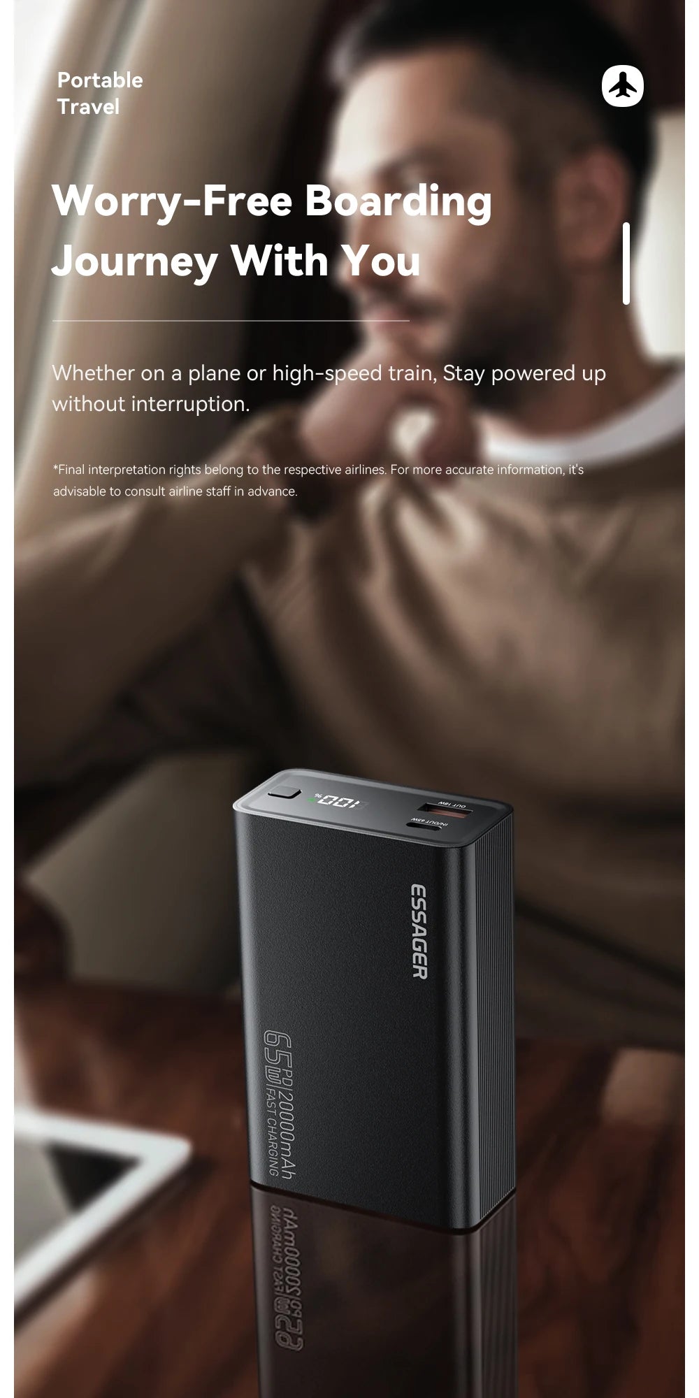 Essager Power Bank 20000mAh Portable PD 65W Fast Charging Mobile Phone External Battery Powerbank For Phone Laptop Tablet Mac