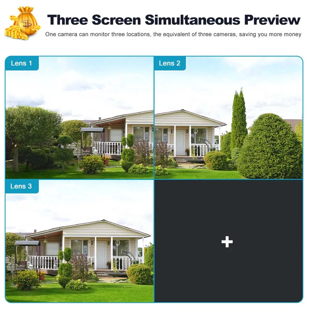 5K 9MP WiFi Outdoor Camera Three Lens Fixed 250° Wide Angle Panorama Cam Security Protection Motion Detection Video Surveillance