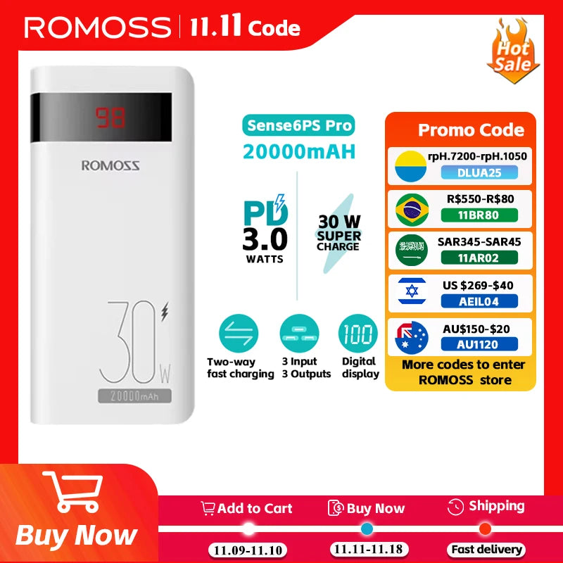 ROMOSS Sense6PS PRO PD 30W Fast Charging Power Bank 20000mAh Portable External Battery Powerbank for iPhone 15 14 Xiaomi HUAWEI