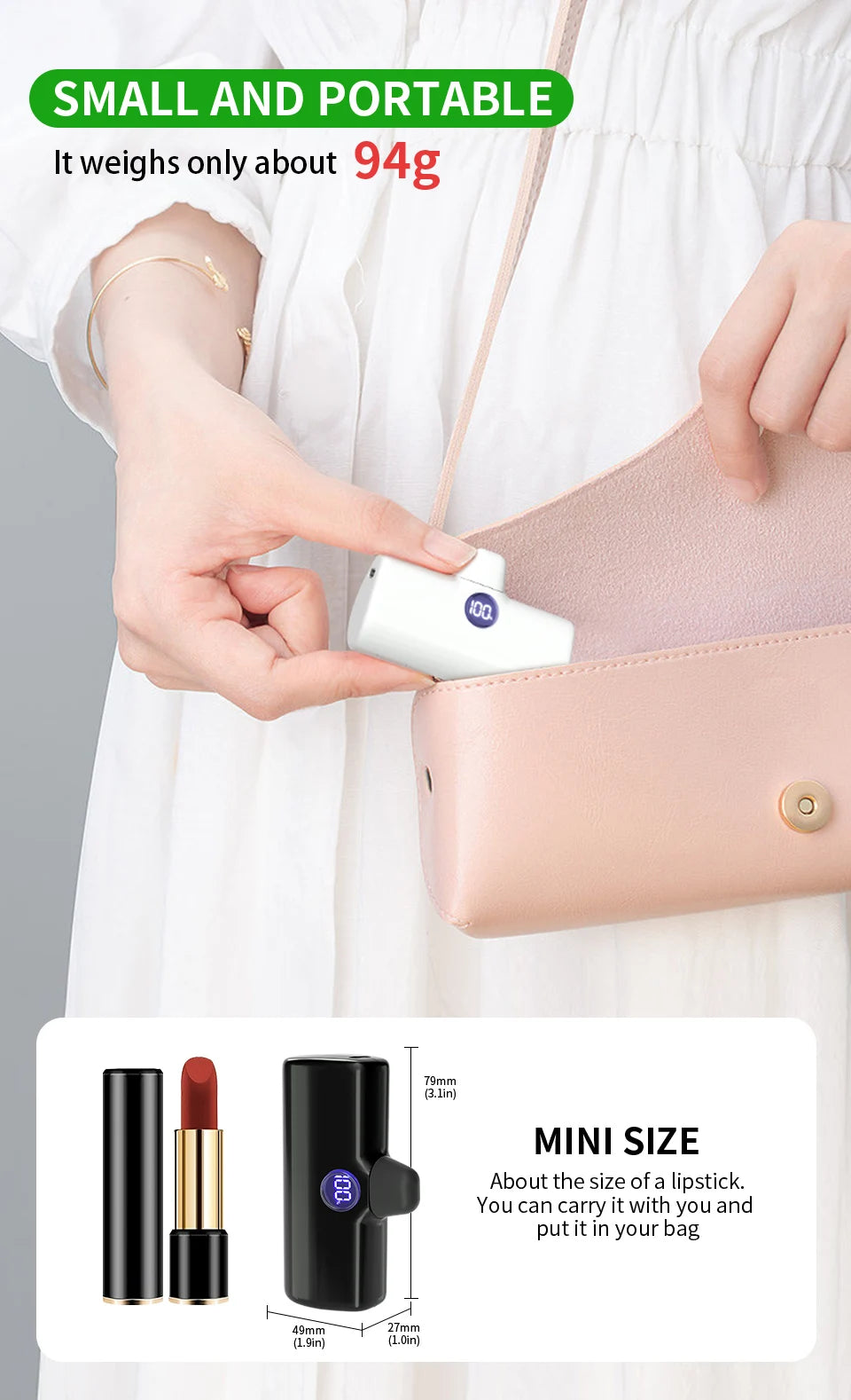 Fast Charge Portable Charger for iPhone Samsung Xiaomi Compact External Spare Battery Built-in Cable Quick Charge Power Bank