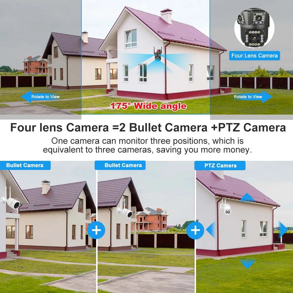 16MP 8K WiFi Camera 12X Zoom Four Lens Outdoor PTZ Camera Security Protection Ai Tracking 4K IP Camera CCTV Surveillance Cameras
