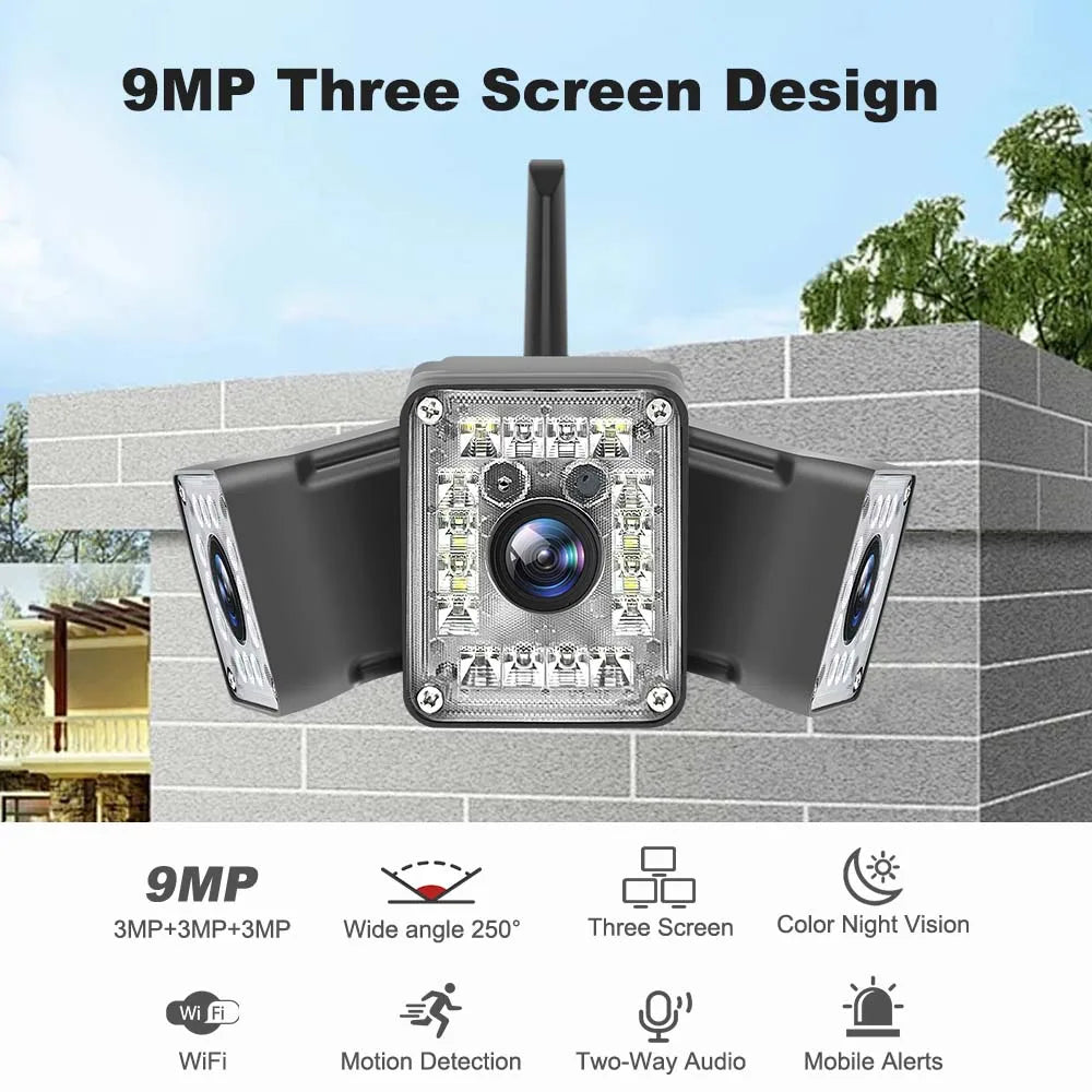5K 9MP WiFi Outdoor Camera Three Lens Fixed 250° Wide Angle Panorama Cam Security Protection Motion Detection Video Surveillance