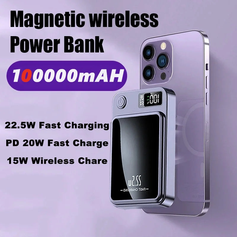 100000mAh Wireless Magnetic Power Bank Super Fast Charging Ultra High Capacity Digital External Battery Power Bank For Iphone 16