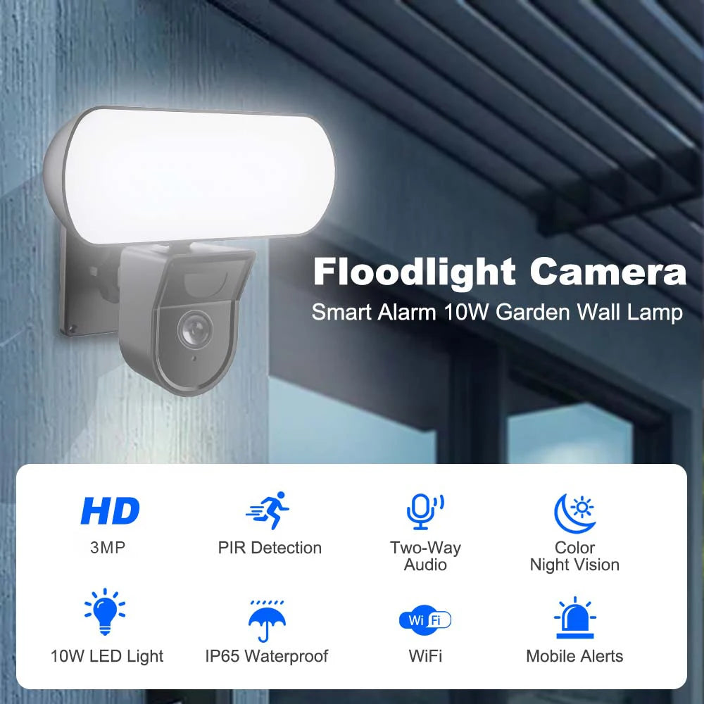 3MP Tuya WiFi Floodlight Camera 10W Garden Wall Lamp Security Cameras Outdoor IP65 PIR Detection Smart Sensor Light Alarm Audio