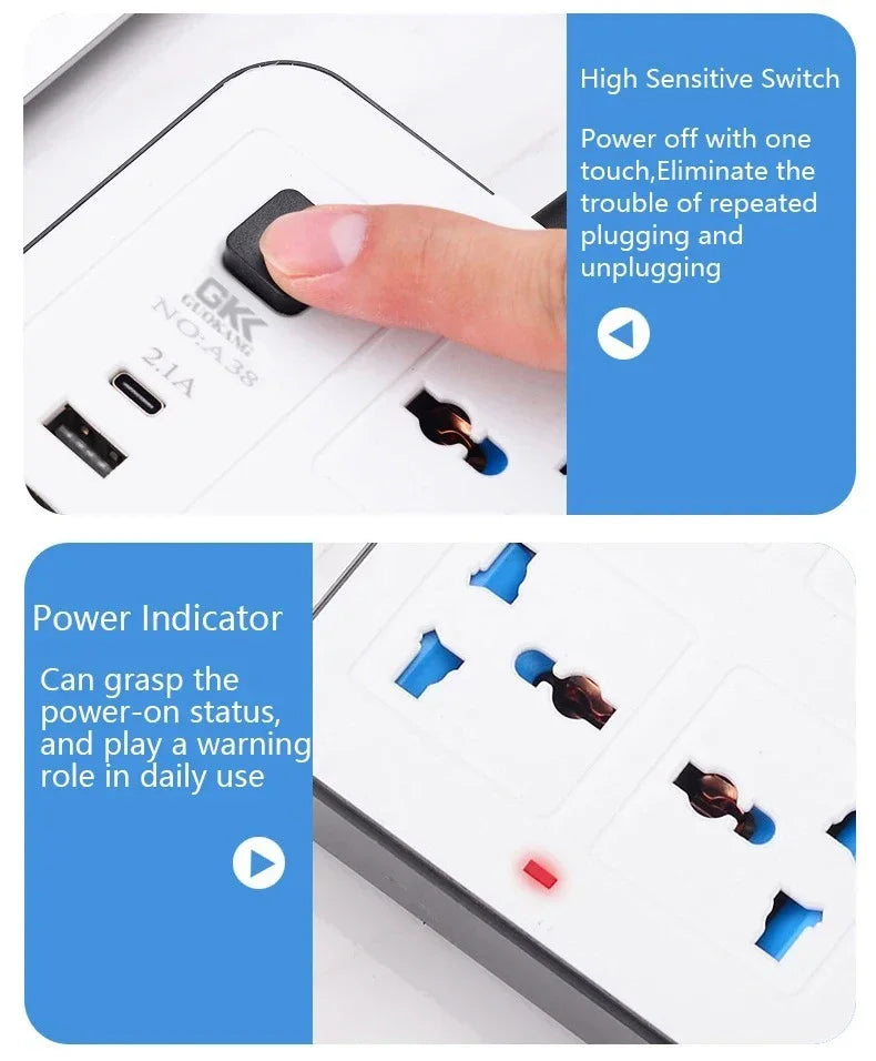 Xiaomi Power Multi Tap Universal Plug EU US UK Outlet Power Strip with 2m Extension Cord AC Type C USB Charge Electrical Socket
