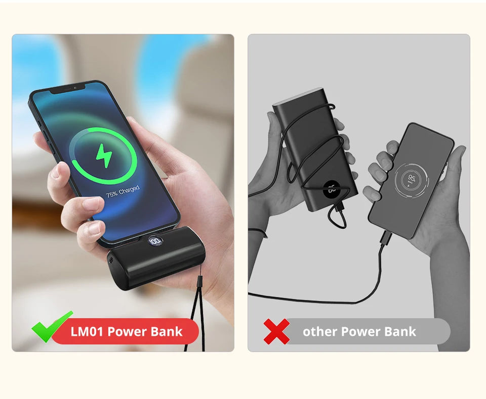 Fast Charge Portable Charger for iPhone Samsung Xiaomi Compact External Spare Battery Built-in Cable Quick Charge Power Bank