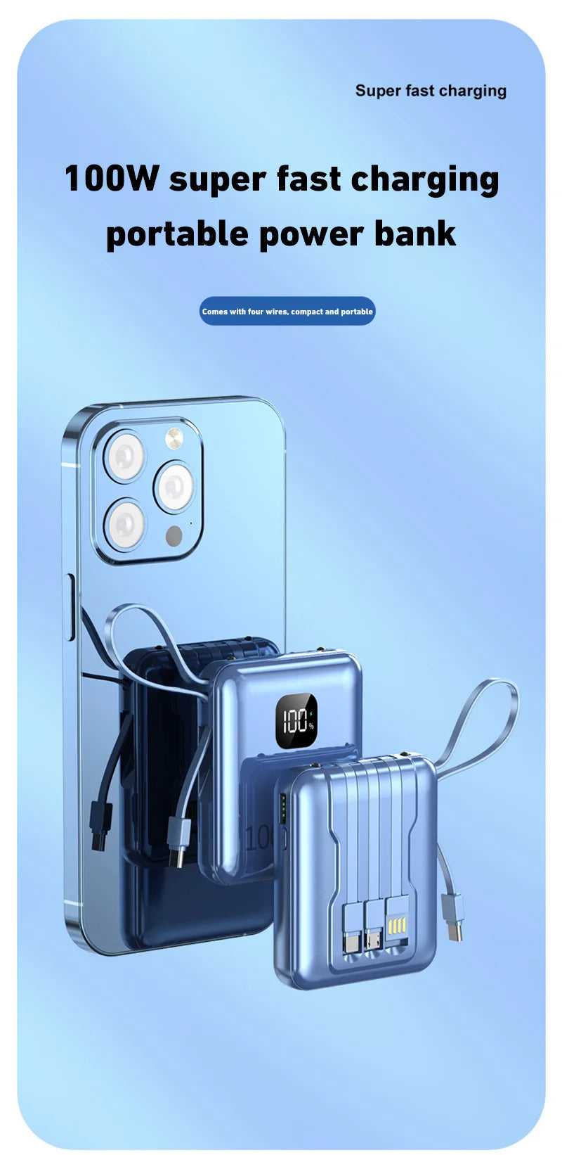 200000mAh Large-capacity Power Bank 100W Super Fast Charge Built-in Cable Portable External Battery For Iphone Samsung Xiaomi