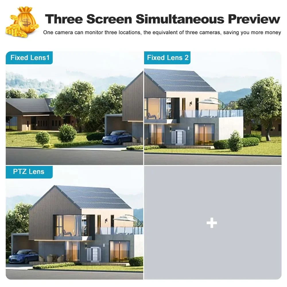 6K 12MP WiFi IP Camera Three Screen PTZ 8X Zoom Security Camera Home Protection Mini Dome Surveillance Camera