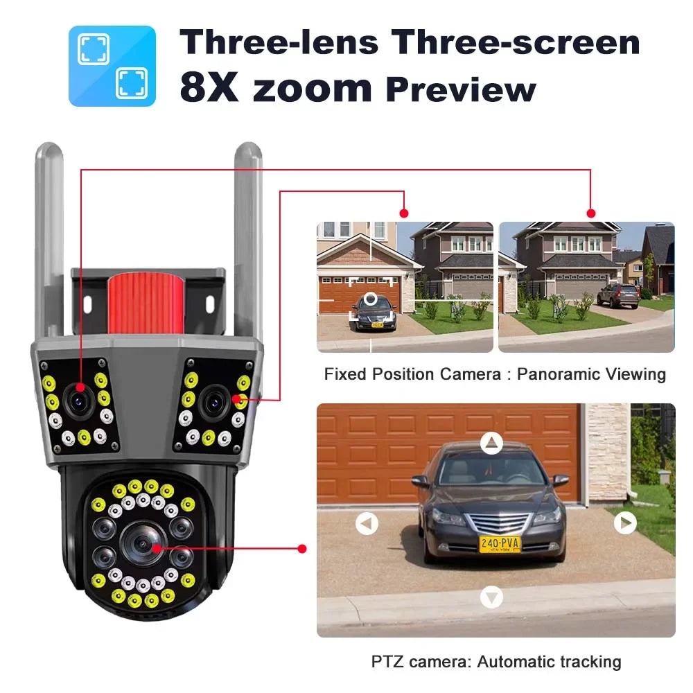 6K 12MP WiFi IP Camera Three Screen PTZ 8X Zoom Security Camera Home Protection Mini Dome Surveillance Camera