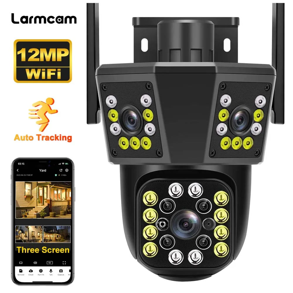 6K 12MP WiFi IP Camera Three Screen PTZ 8X Zoom Security Camera Home Protection Mini Dome Surveillance Camera