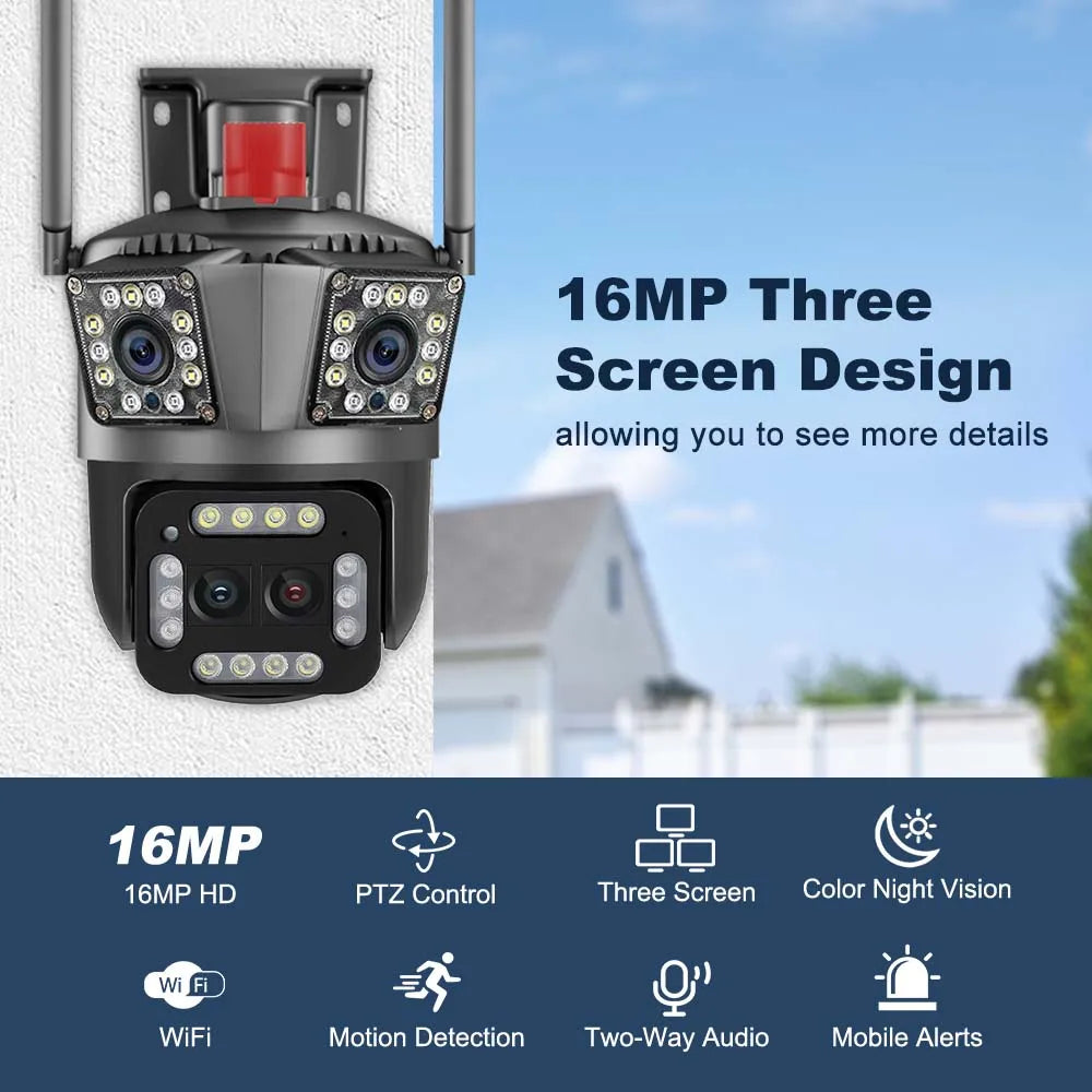 16MP 8K WiFi Camera 12X Zoom Four Lens Outdoor PTZ Camera Security Protection Ai Tracking 4K IP Camera CCTV Surveillance Cameras
