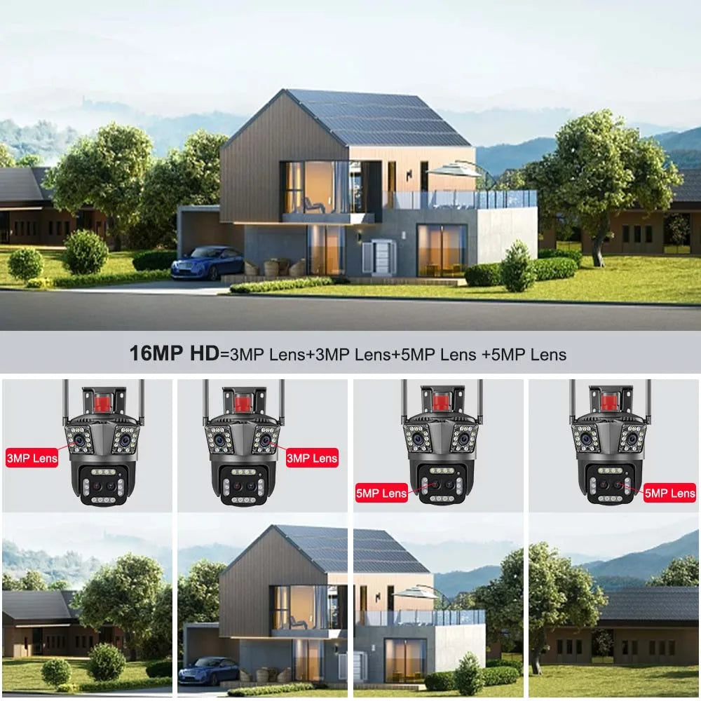 16MP 8K WiFi Camera 12X Zoom Four Lens Outdoor PTZ Camera Security Protection Ai Tracking 4K IP Camera CCTV Surveillance Cameras
