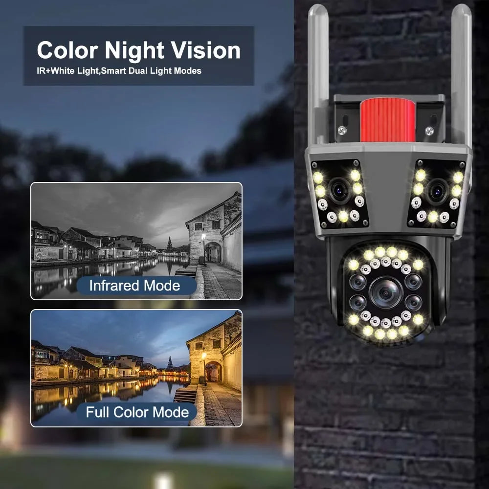 6K 12MP WiFi IP Camera Three Screen PTZ 8X Zoom Security Camera Home Protection Mini Dome Surveillance Camera