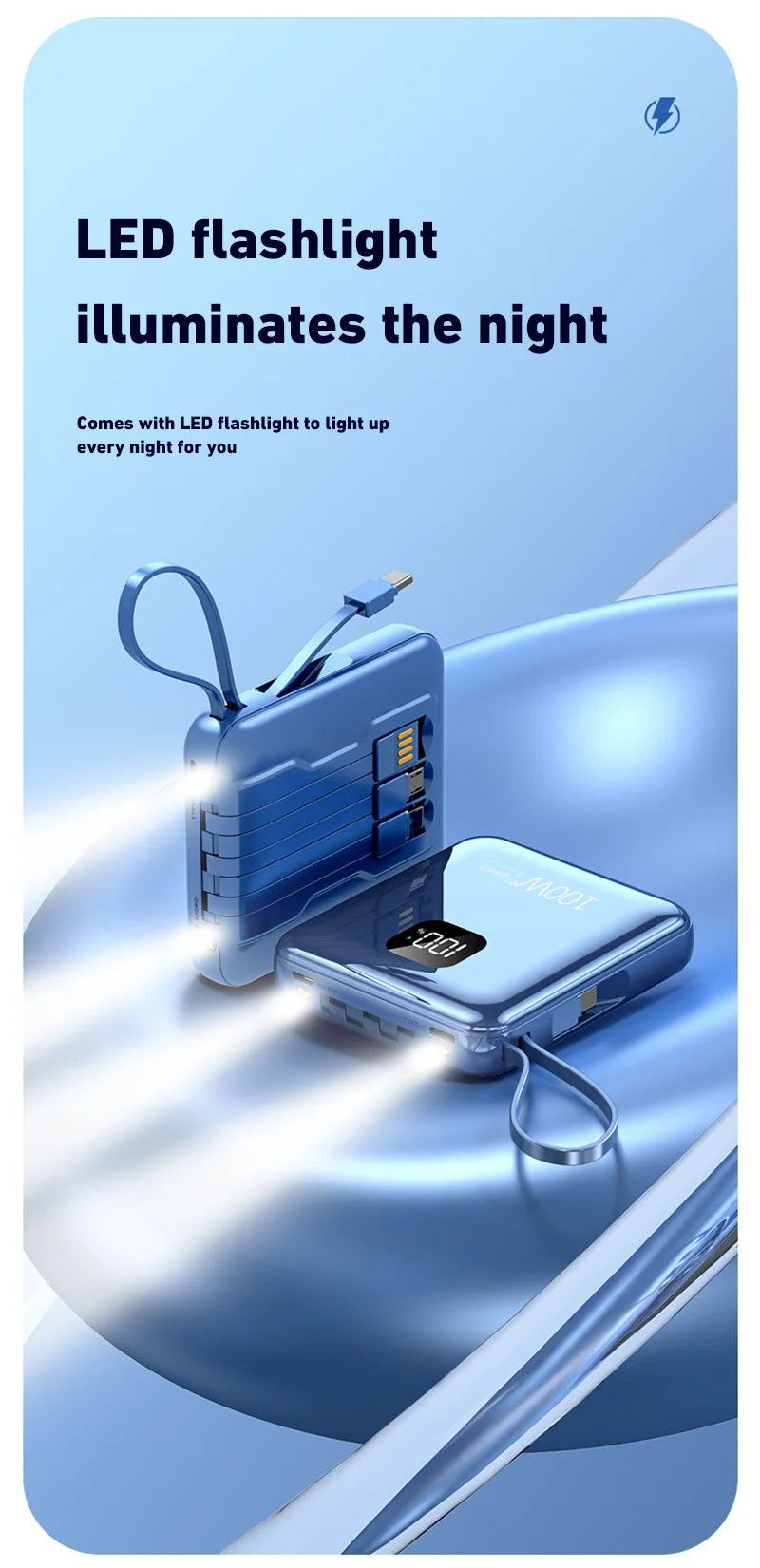 200000mAh Large-capacity Power Bank 100W Super Fast Charge Built-in Cable Portable External Battery For Iphone Samsung Xiaomi