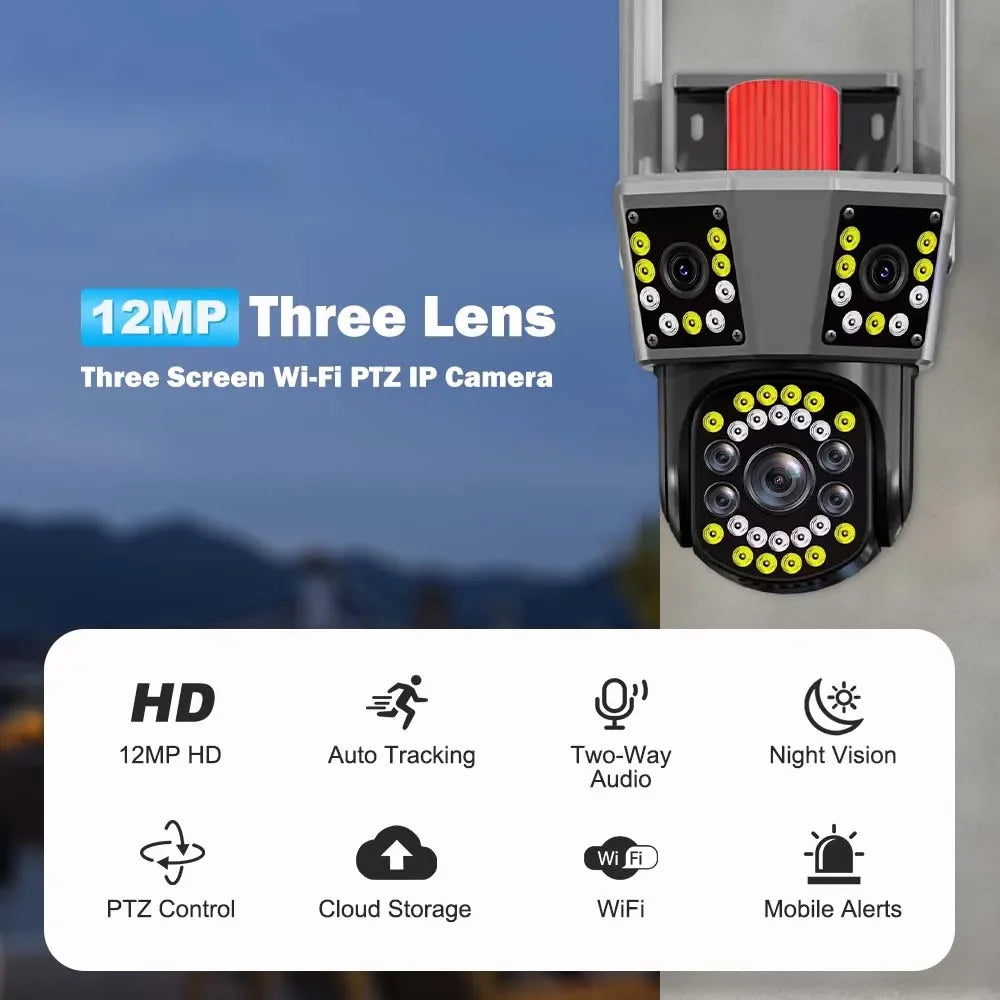 6K 12MP WiFi IP Camera Three Screen PTZ 8X Zoom Security Camera Home Protection Mini Dome Surveillance Camera