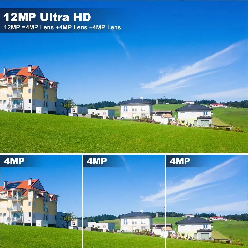 6K 12MP WiFi IP Camera Three Screen PTZ 8X Zoom Security Camera Home Protection Mini Dome Surveillance Camera