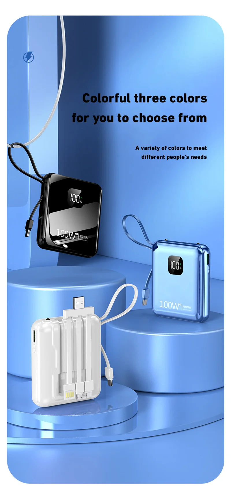 200000mAh Large-capacity Power Bank 100W Super Fast Charge Built-in Cable Portable External Battery For Iphone Samsung Xiaomi