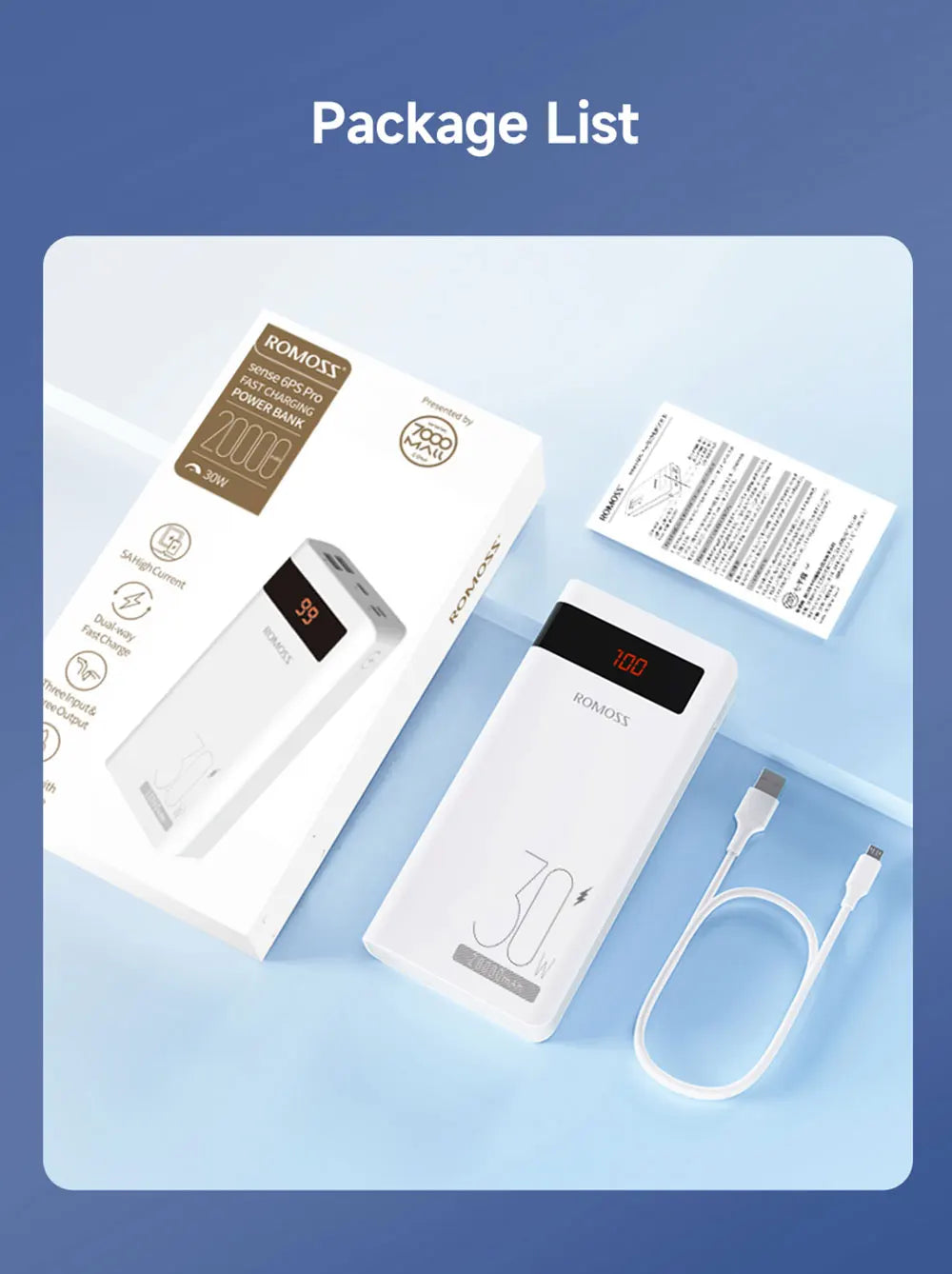 ROMOSS Sense6PS PRO PD 30W Fast Charging Power Bank 20000mAh Portable External Battery Powerbank for iPhone 15 14 Xiaomi HUAWEI
