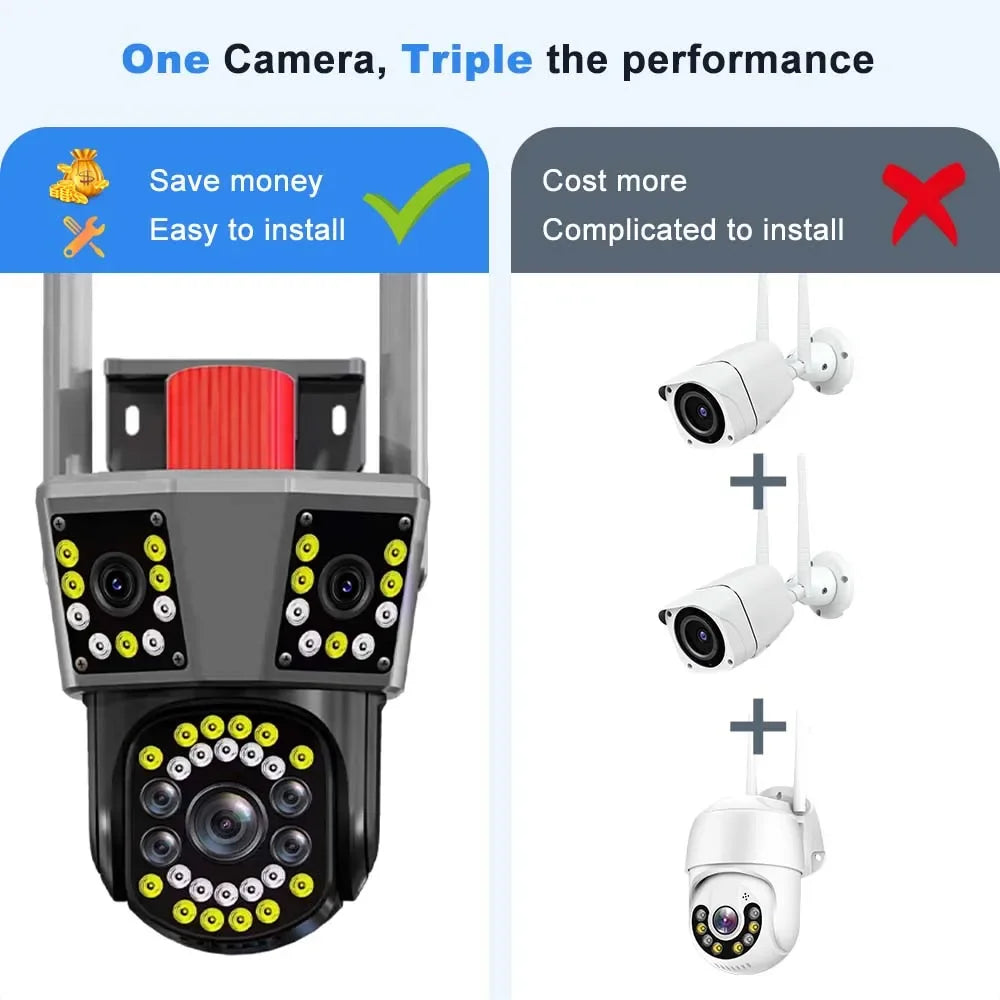 6K 12MP WiFi IP Camera Three Screen PTZ 8X Zoom Security Camera Home Protection Mini Dome Surveillance Camera