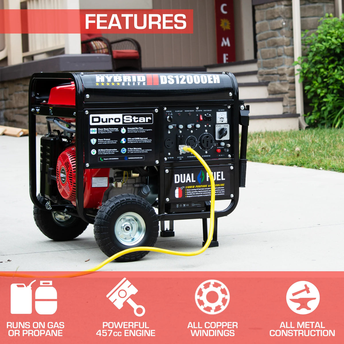 DuroStar DS12000EH 12,000-Watt/9,500-Watt 457cc Electric Start Dual Fuel Portable Generator