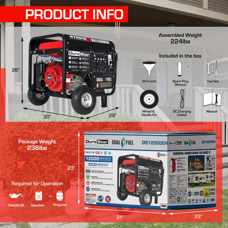 DuroStar DS12000EH 12,000-Watt/9,500-Watt 457cc Electric Start Dual Fuel Portable Generator