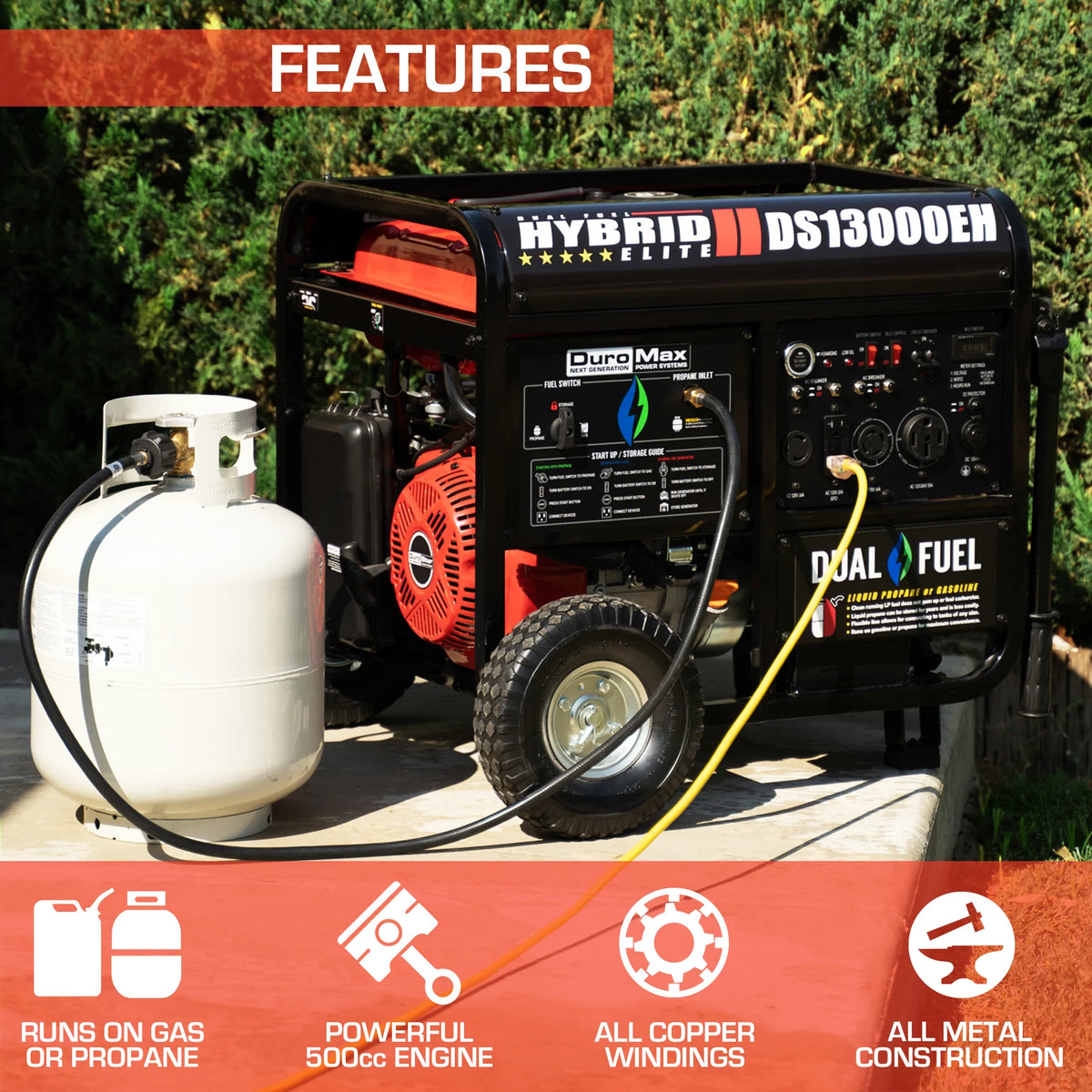 DuroStar DS13000EH 13,000-Watt/10,500-Wat 500cc Electric Start Dual Fuel Portable Generator