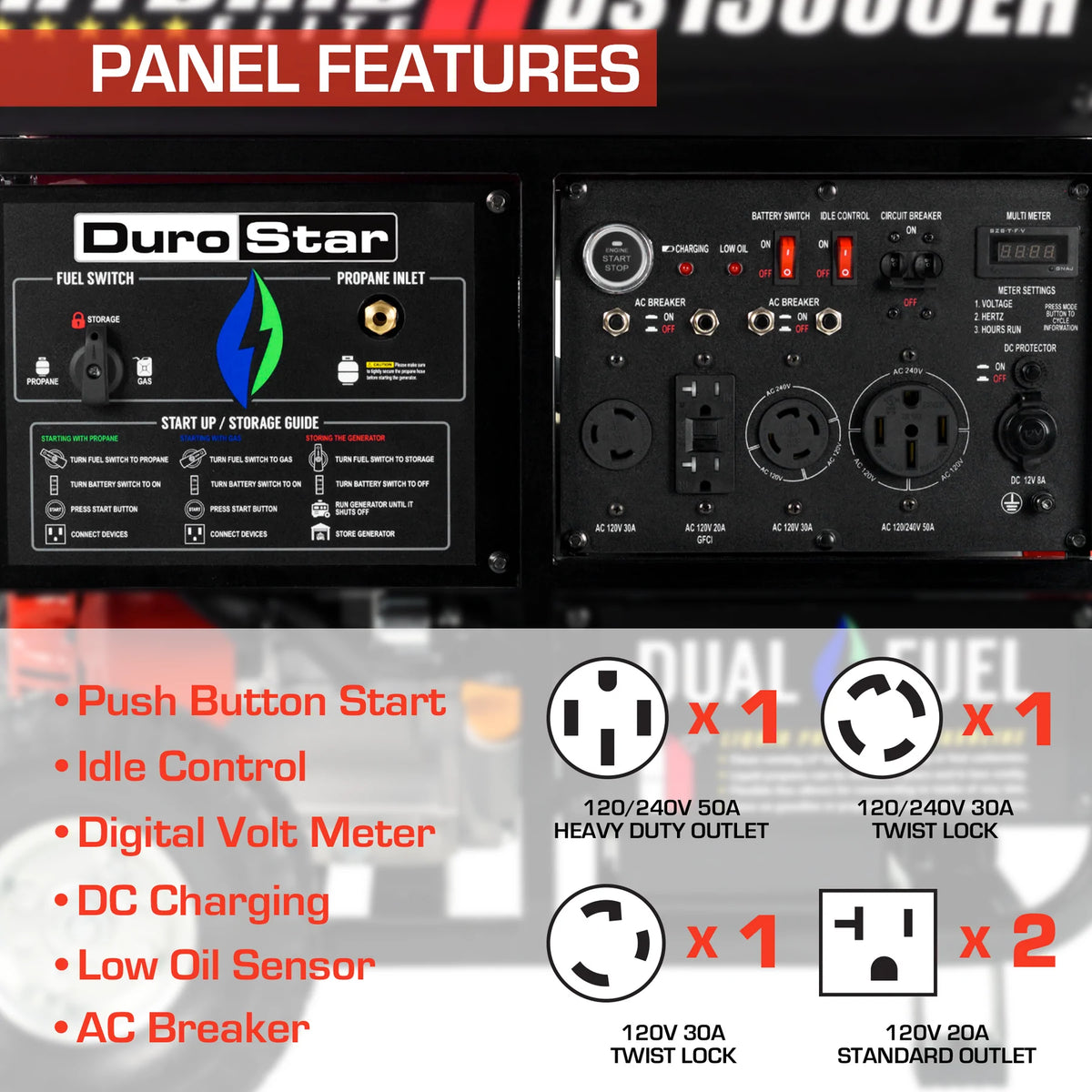 DuroStar DS13000EH 13,000-Watt/10,500-Wat 500cc Electric Start Dual Fuel Portable Generator