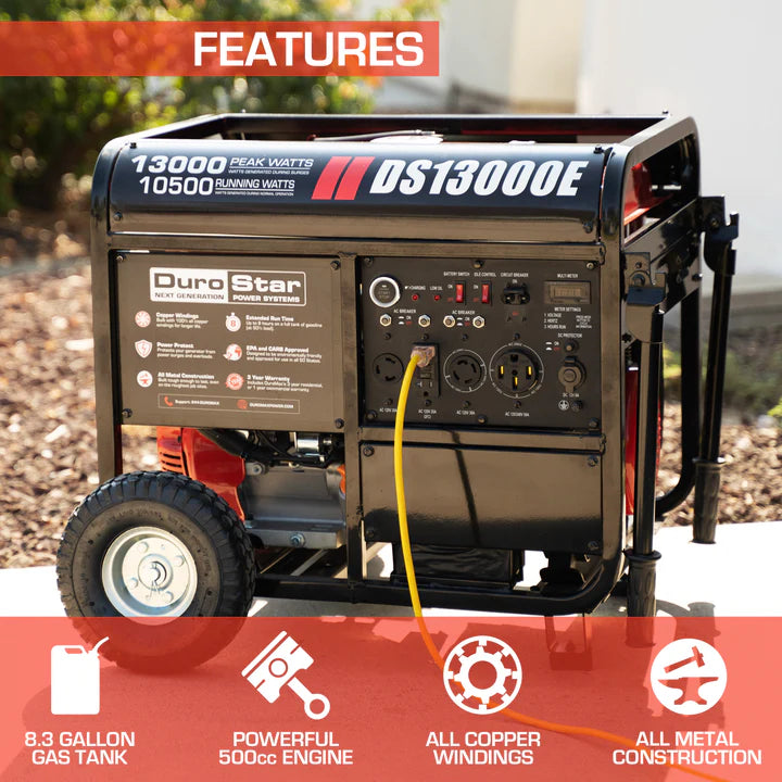 DuroStar DS13000E 13,000-Watt/10,500-Watt 500cc Electric Start Gas Powered Portable Generator