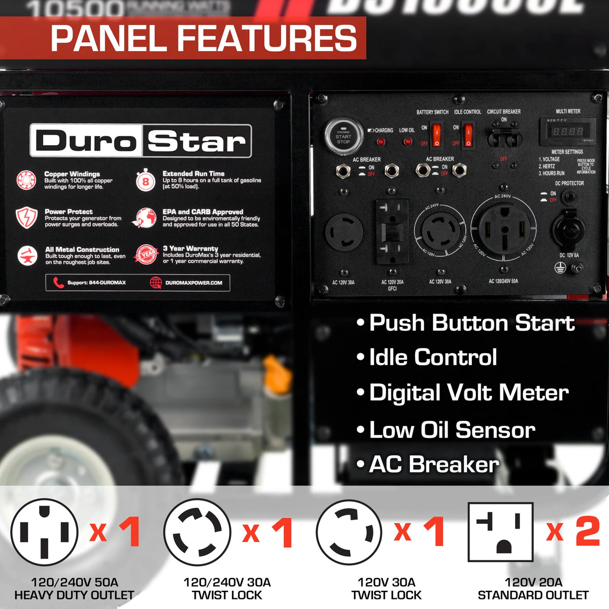 DuroStar DS13000E 13,000-Watt/10,500-Watt 500cc Electric Start Gas Powered Portable Generator