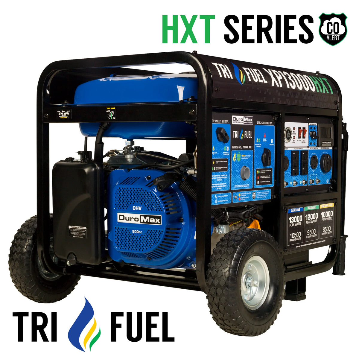 DuroMax XP13000HXT 13,000-Watt/10,500-Watt 500cc Tri Fuel Portable Generator with CO Alert