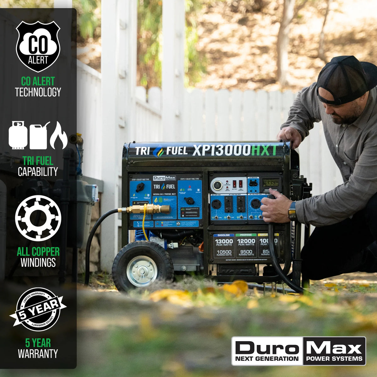 DuroMax XP13000HXT 13,000-Watt/10,500-Watt 500cc Tri Fuel Portable Generator with CO Alert