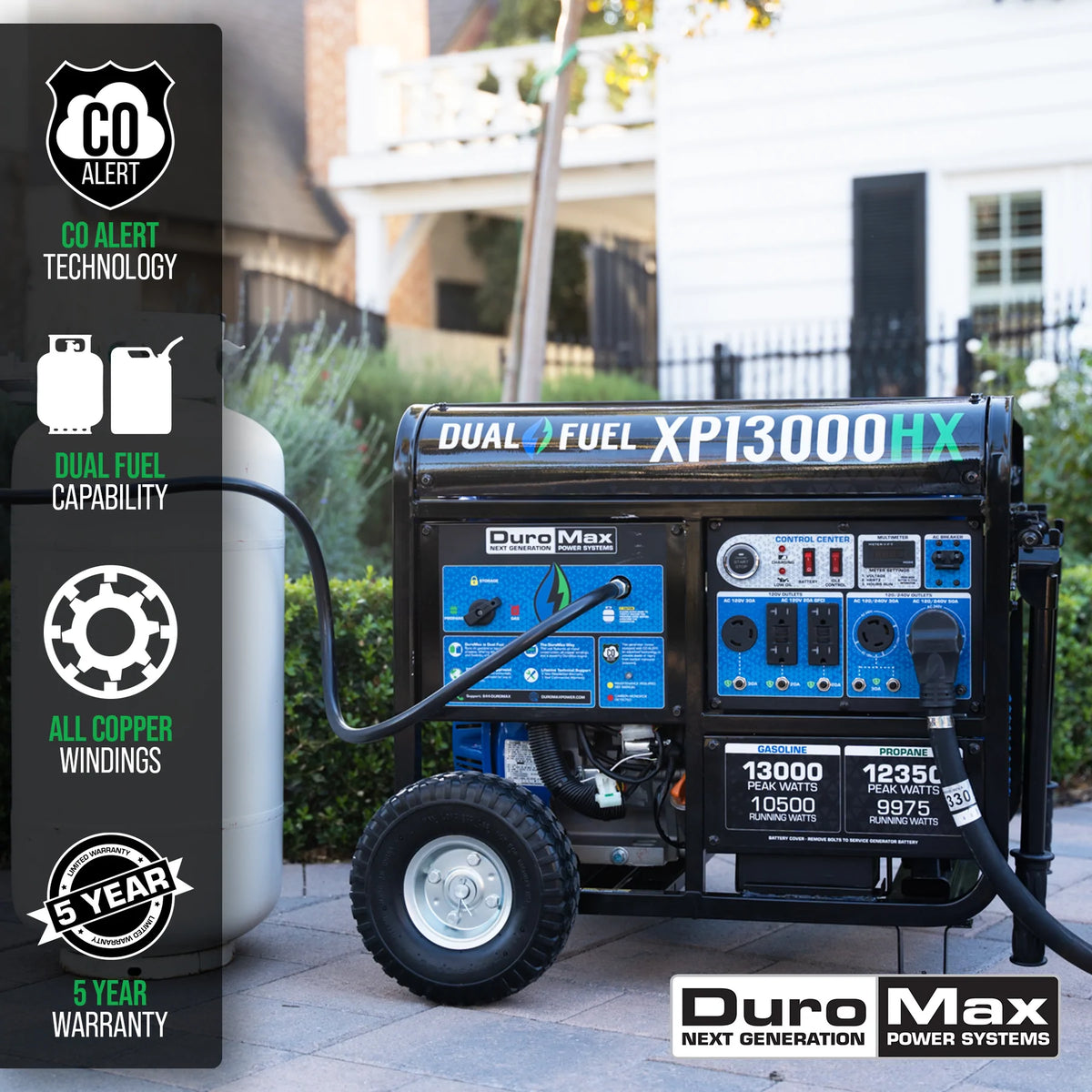 DuroMax XP13000HX 13,000-Watt/10,500-Watt 500cc Electric Start Dual Fuel Portable Generator with CO Alert