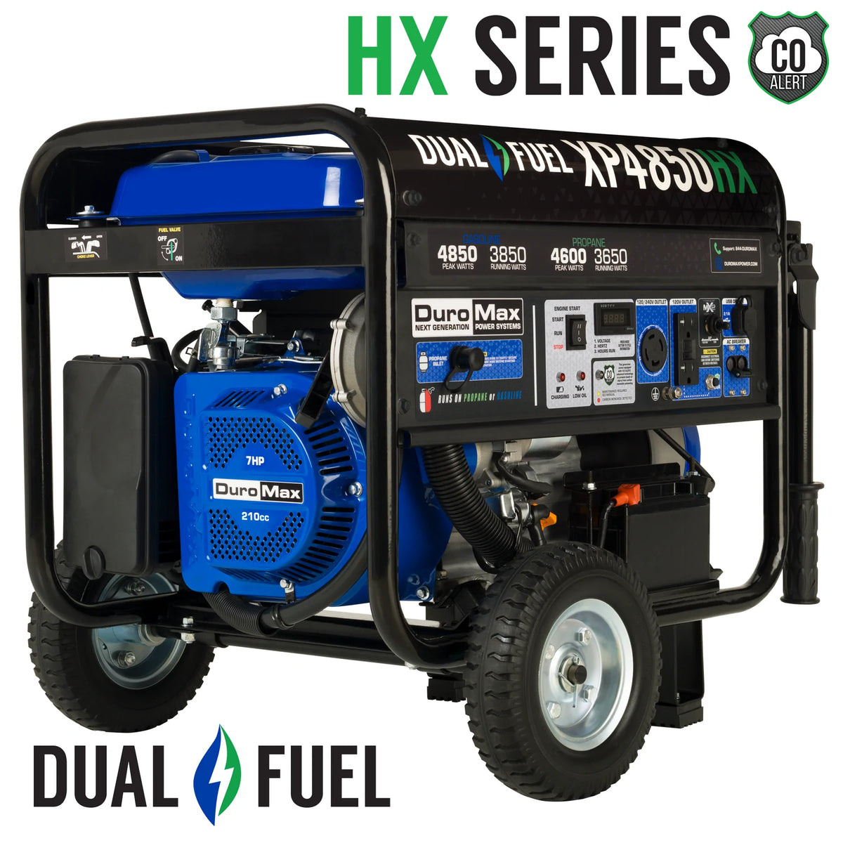 DuroMax XP4850HX 4,850-Watt/3,850-Watt 210cc Electric Start Dual Fuel Portable Generator with CO Alert