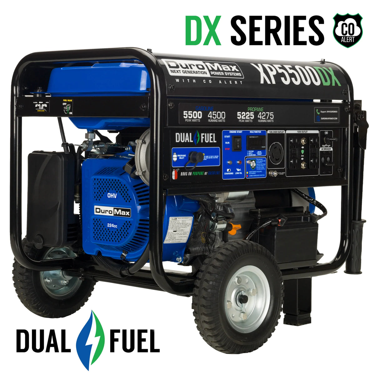 DuroMax XP5500DX 5,500-Watt/4,500-Watt 224cc Electric Start Dual Fuel Portable Generator w/ CO Alert