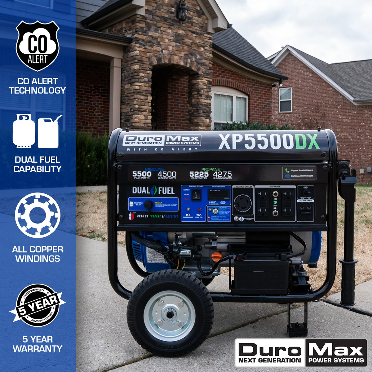 DuroMax XP5500DX 5,500-Watt/4,500-Watt 224cc Electric Start Dual Fuel Portable Generator w/ CO Alert