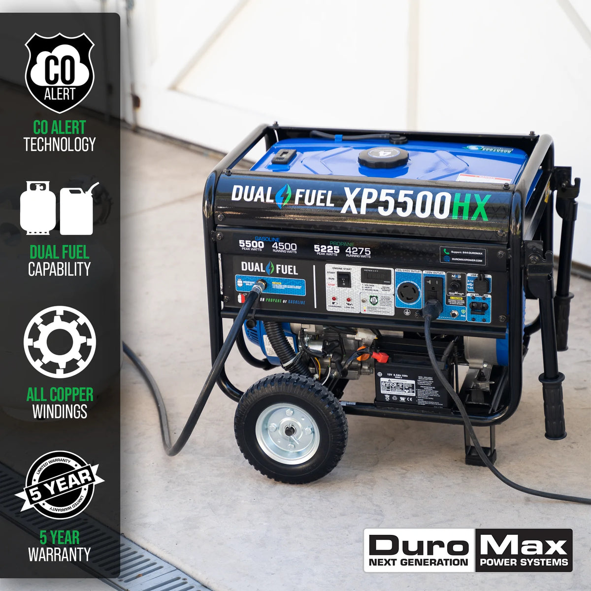 DuroMax XP5500HX 5,500-Watt/4,500-Watt 210Vcc Electric Start Dual Fuel Portable Generator with CO Alert