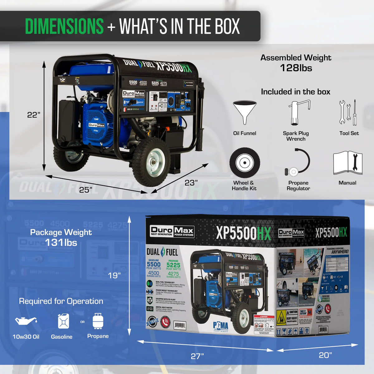 DuroMax XP5500HX 5,500-Watt/4,500-Watt 210Vcc Electric Start Dual Fuel Portable Generator with CO Alert