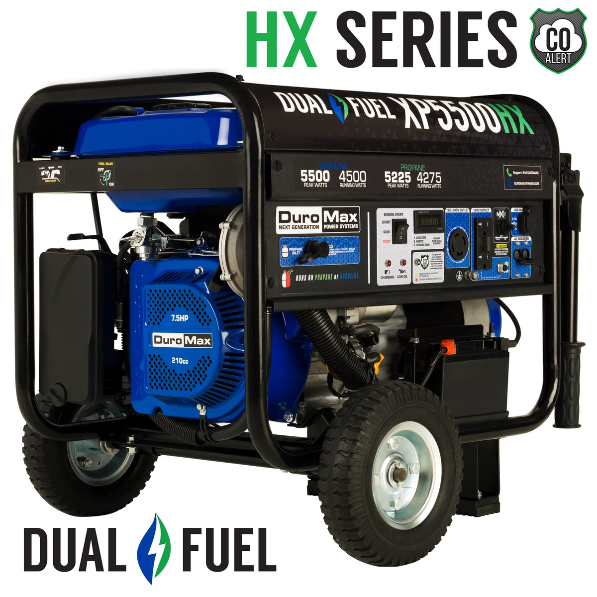 DuroMax XP5500HX 5,500-Watt/4,500-Watt 210Vcc Electric Start Dual Fuel Portable Generator with CO Alert